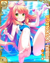 Rule 34 | 1girl, bare shoulders, barefoot, blue one-piece swimsuit, bow, card (medium), character name, closed mouth, day, fang, floating, girlfriend (kari), green eyes, hair bow, indoor pool, indoors, official art, one-piece swimsuit, orange hair, poolside, qp:flapper, smile, submerged, sunlight, swimsuit, tagme, teeth, tile floor, tiles, toyonaga hibiki