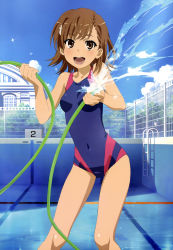 Rule 34 | 1girl, :d, absurdres, brown eyes, brown hair, cloud, competition swimsuit, covered navel, day, empty pool, fence, highres, hose, misaka mikoto, nyantype, official art, one-piece swimsuit, open mouth, pool, pool ladder, scan, short hair, sky, smile, solo, splashing, swimsuit, tanaka yuuichi, thighs, toaru kagaku no railgun, toaru majutsu no index, water