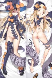 Rule 34 | 1girl, abigail williams (fate), abigail williams (second ascension) (fate), ass, bare arms, barefoot, black bow, black dress, black footwear, black hat, black thighhighs, bloomers, blue eyes, blush, bottomless, bow, breasts, bug, butt crack, butterfly, dakimakura (medium), dress, fate/grand order, fate (series), feet, gluteal fold, groin, hat, hat bow, hokuotzu, insect, keyhole, long hair, looking at viewer, looking back, lying, mary janes, multiple views, navel, nipples, nude, on back, on stomach, open mouth, orange bow, parted bangs, parted lips, pink eyes, polka dot, polka dot bow, pussy, revealing clothes, shoes, single thighhigh, small breasts, soles, suction cups, tentacles, thighhighs, torn clothes, torn dress, uncensored, underwear, unworn bloomers, unworn shoes, very long hair, white bloomers, witch hat