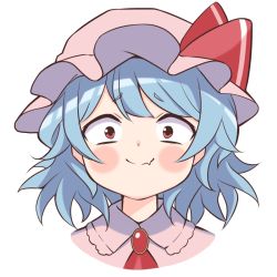 Rule 34 | 1girl, ascot, blue hair, blush, blush stickers, brooch, closed mouth, cropped shoulders, fang, frilled shirt collar, frills, hat, jewelry, light blue hair, looking at viewer, medium hair, messy hair, mob cap, momendoufu, nose blush, pink hat, portrait, red ascot, red eyes, remilia scarlet, sanpaku, simple background, skin fang, solo, straight-on, swept bangs, touhou, transparent background