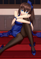 Rule 34 | 1girl, absurdres, alternate hairstyle, aozaki aoko, bare shoulders, black pantyhose, blue dress, blue eyes, blue footwear, blue scrunchie, brown hair, closed mouth, collarbone, commentary, cqqz0707, dress, formal, hair intakes, hair ornament, hair scrunchie, highres, hugging own legs, indoors, long hair, looking at viewer, mahou tsukai no yoru, official alternate costume, official alternate hairstyle, on one knee, pantyhose, scrunchie, side ponytail, sitting, sleeveless, sleeveless dress, smile, solo, stairs