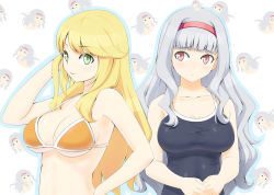 Rule 34 | 2girls, adjusting hair, bare shoulders, bikini, blonde hair, breasts, cleavage, green eyes, hairband, hand on own hip, hip focus, hoshii miki, idolmaster, idolmaster (classic), large breasts, long hair, multiple girls, one-piece swimsuit, red eyes, school swimsuit, shijou takane, shirt, shougi (116), silver hair, skin tight, swimsuit, taut clothes, taut shirt