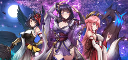 Rule 34 | 3girls, absurdres, adsouto, animal ears, armor, arms up, artist name, bare shoulders, bird mask, bird wings, black bodysuit, black hair, black wings, blush, bodysuit, bow, braid, breasts, bridal gauntlets, cherry blossoms, cherry tree, choker, cleavage, commentary, cowboy shot, electricity, english commentary, feathered wings, flower, fox ears, fox shadow puppet, fox tail, frown, full moon, genshin impact, glowing feather, glowing flower, grin, hair flower, hair ornament, hair tie, hakama, hand on own hip, headpiece, highres, japanese clothes, kimono, kujou sara, large bow, long hair, looking at viewer, low-braided long hair, low-tied long hair, mask, mask on head, medium breasts, medium hair, miko, mitsudomoe (shape), mole, mole under eye, moon, multiple girls, night, obi, obiage, obijime, outdoors, parted lips, pink hair, priestess, purple eyes, purple flower, purple hair, purple kimono, purple legwear, raiden shogun, red hakama, red ribbon, ribbon, ribbon-trimmed sleeves, ribbon choker, ribbon trim, sash, shoulder armor, shrug (clothing), signature, smile, tail, tassel, thighhighs, tomoe (symbol), tree, very long hair, vision (genshin impact), wide sleeves, wings, yae miko, yellow eyes