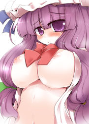 Rule 34 | 1girl, blush, breasts, female focus, hat, huge breasts, long hair, nipples, open clothes, open shirt, patchouli knowledge, purple eyes, purple hair, shirogane (platinum), shirt, solo, touhou
