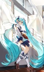 Rule 34 | 1girl, bag, bare shoulders, blue bow, blue eyes, blue hair, blue sailor collar, blush, bow, brown footwear, closed mouth, commentary request, curtains, day, detached sleeves, dress, frilled dress, frilled socks, frills, hair bow, hand up, hatsune miku, highres, indoors, loafers, long hair, long sleeves, pentagon (railgun ky1206), pleated dress, puffy long sleeves, puffy sleeves, sailor collar, sailor dress, shoes, shoulder bag, sleeveless, sleeveless dress, smile, socks, solo, sunlight, twintails, very long hair, vocaloid, white dress, white sleeves, white socks, wind, wind lift, window, wooden floor