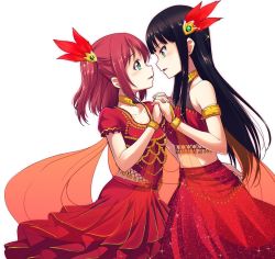Rule 34 | 2girls, arabian clothes, arm around waist, armlet, black hair, bridal gauntlets, commentary request, crop top, eye contact, face-to-face, feather hair ornament, feathers, hair ornament, highres, holding hands, incest, jewelry, kurosawa dia, kurosawa ruby, long hair, looking at another, love live!, love live! sunshine!!, multiple girls, nanotsuki, necklace, red eyes, red hair, sash, short sleeves, siblings, simple background, sisters, sleeveless, two side up, white background, yuri
