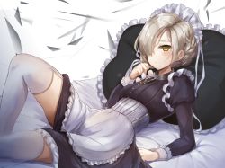 Rule 34 | 1girl, apron, arm support, azur lane, bed sheet, black dress, blush, braid, breasts, chain, closed mouth, commentary request, cross, dress, frilled apron, frilled pillow, frills, garter straps, hair over one eye, hand up, juliet sleeves, karumayu, light brown hair, long sleeves, looking at viewer, lying, maid, maid headdress, on back, pillow, puffy sleeves, sheffield (azur lane), small breasts, solo, thighhighs, waist apron, white apron, white thighhighs, yellow eyes