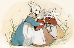Rule 34 | 4girls, animal ears, apron, basket, blue dress, brown background, brown eyes, capelet, closed eyes, commentary, dress, full body, hair bun, highres, holding, holding basket, hug, light brown hair, long hair, long sleeves, looking at another, multiple girls, original, parted lips, plant, rabbit ears, red capelet, red dress, red eyes, shirokujira, simple background, white apron, white hair, yellow dress