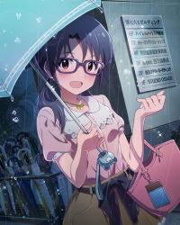 Rule 34 | 10s, black hair, blush, glasses, idolmaster, idolmaster million live!, jewelry, looking at viewer, musical note, necklace, official art, rain, red eyes, smile, solo, takayama sayoko, umbrella