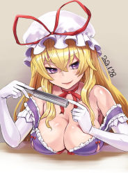 Rule 34 | 1girl, blonde hair, blush, breast rest, breasts, breasts on table, cleavage, collarbone, dated, dress, elbow gloves, folding fan, frills, gloves, hand fan, hat, hat ribbon, kei jiei, large breasts, long hair, looking at viewer, mob cap, nipple cutout, purple dress, purple eyes, red ribbon, ribbon, simple background, smile, solo, table, touhou, white gloves, yakumo yukari