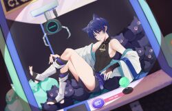 Rule 34 | 1boy, androgynous, armpit crease, armpits, bare shoulders, black shirt, blue hair, bridal gauntlets, character name, chobonu, dutch angle, foot up, full body, genshin impact, highres, in crane game, japanese clothes, leg warmers, legs, looking at viewer, male focus, no shoes, off shoulder, purple eyes, scaramouche (genshin impact), shirt, short hair, short shorts, shorts, skin tight, sleeveless, sleeveless shirt, solo, stirrup legwear, stuffed animal, stuffed cat, stuffed toy, sweatdrop, thighs, toeless legwear, toes, toned, toned male, wanderer (genshin impact), wide sleeves