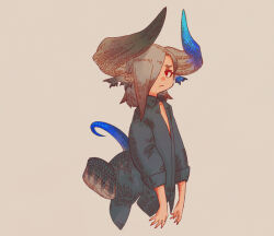 Rule 34 | 1girl, animal ears, asymmetrical horns, blue horns, blue shirt, blue tail, closed mouth, collared shirt, cropped torso, curled horns, dragon girl, dragon horns, dragon tail, flat chest, from side, frown, grey hair, grey horns, grey tail, hair over one eye, highres, holding, holding sword, holding weapon, horns, kmbk, long sleeves, looking at viewer, looking up, mismatched animal ears, mismatched horns, multicolored tail, one eye covered, open clothes, open shirt, original, pointy ears, puffy long sleeves, puffy sleeves, red eyes, shirt, short hair, sideways glance, simple background, sleeves rolled up, solo, sword, tail, weapon