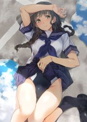 Rule 34 | 1girl, arm on own head, blue one-piece swimsuit, blue sailor collar, blue sky, blush, braid, breasts, brown eyes, brown hair, closed mouth, clothes lift, cloud, cloudy sky, competition swimsuit, day, from above, hair over shoulder, hanasaku iroha, hand on own stomach, highres, lifting own clothes, lips, long hair, looking at viewer, lying, medium breasts, nagayori, on back, one-piece swimsuit, oshimizu nako, pleated skirt, reflection, sailor collar, school uniform, serafuku, skirt, sky, socks, solo, swimsuit, swimsuit under clothes, thighs, twin braids, uniform, water