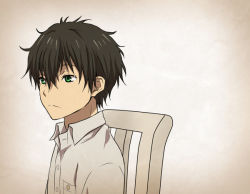 Rule 34 | 10s, 1boy, black hair, breast pocket, chair, closed mouth, collared shirt, dress shirt, expressionless, from side, gradient background, green eyes, grey shirt, head tilt, hyouka, looking afar, looking away, male focus, oreki houtarou, pocket, rito453, shirt, short hair, solo, upper body, wing collar
