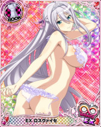 Rule 34 | 1girl, antenna hair, aqua eyes, ass, back, bikini, blush, breasts, butt crack, card (medium), character name, chess piece, closed mouth, hair ribbon, high school dxd, high school dxd infinity, large breasts, long hair, looking at viewer, official art, ribbon, rook (chess), rossweisse, sideboob, silver hair, smile, solo, swimsuit, tiara, torn bikini, torn clothes, trading card, very long hair, white bikini