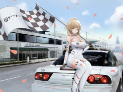 Rule 34 | 1girl, absurdres, azur lane, bare shoulders, black gloves, blonde hair, breasts, car, cleavage, closed mouth, copyright name, dress, elbow gloves, feet out of frame, flag, gloves, highres, holding, holding flag, kcar66t, long hair, looking at viewer, medium breasts, motor vehicle, nissan, nissan 180sx, official alternate costume, petals, ponytail, prince of wales (azur lane), prince of wales (the laureate&#039;s victory lap) (azur lane), race queen, red eyes, road, scenery, sitting, solo, street, thighhighs, white dress, white thighhighs