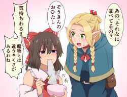 Rule 34 | 2girls, ascot, blonde hair, blue capelet, blue robe, bow, bowl, brown hair, capelet, choker, chopsticks, commentary request, crossover, detached sleeves, dungeon meshi, eating, elf, empty eyes, frilled bow, frilled shirt collar, frills, green eyes, hair around ear, hair bow, hakurei reimu, highres, holding, holding bowl, holding chopsticks, long hair, marcille donato, medium hair, multiple girls, open mouth, pointy ears, pouch, red bow, robe, simple background, suwaneko, sweatdrop, touhou, translation request, wash cloth, yellow ascot