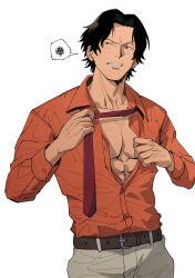 Rule 34 | 1boy, abs, absurdres, belt, black eyes, black hair, cowboy shot, freckles, frustrated, grey pants, highres, looking at another, male focus, medium hair, necktie, one piece, orange shirt, pants, partially unbuttoned, pectoral cleavage, pectorals, portgas d. ace, red necktie, shirt, solo, speech bubble, toned, toned male, undone necktie, undressing, usarinko, white background