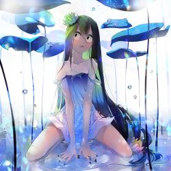 Rule 34 | 10s, 1girl, asui tsuyu, bare arms, bare shoulders, black eyes, black hair, black nails, blush, boku no hero academia, breasts, cleavage, collarbone, dress, flower, frog, frog girl, green eyes, green hair, hair between eyes, highres, horizontal pupils, lily (flower), lily pad, long hair, looking away, looking to the side, looking up, marmaladica, nail polish, short dress, sitting, small breasts, solo, straight hair, toenail polish, toenails, water, water drop