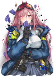 Rule 34 | 1girl, :d, arm under breasts, belt, black gloves, blue jacket, blush, breasts, buckle, card, checkered clothes, checkered neckwear, collared shirt, commentary, covering own mouth, cropped legs, earrings, eyewear on head, fang, girls&#039; frontline, gloves, hair between eyes, hair ornament, hairclip, heart, heart earrings, highres, holding, holding card, jacket, jewelry, large breasts, long hair, looking at viewer, marche mk14, mole, mole under eye, open clothes, open jacket, open mouth, orange goggles, pink hair, playing card, police, police uniform, red eyes, safety glasses, shirt, sidelocks, sig mcx (girls&#039; frontline), simple background, skirt, smile, snap-fit buckle, solo, standing, uniform, utility belt, walkie-talkie, white background, white shirt