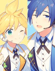 Rule 34 | 2boys, aqua eyes, blonde hair, blue eyes, blue hair, clover, column lineup, commentary, formal, headphones, headset, jacket, kagamine len, kaito (vocaloid), looking at viewer, male focus, more more jump! kaito, more more jump! len, multiple boys, one eye closed, open mouth, shirt, sinaooo, smile, spiked hair, suit, symbol-only commentary, upper body, vest, vocaloid, white jacket, white shirt, white suit, white vest