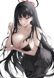 Rule 34 | 1girl, absurdres, arm under breasts, black bra, black hair, black pantyhose, black skirt, blue archive, blunt bangs, blush, bra, breasts, bright pupils, cleavage, collarbone, commentary request, hair ornament, hairclip, halo, highres, jupo, large breasts, long hair, looking at viewer, pantyhose, parted lips, pleated skirt, pouch, red eyes, rio (blue archive), simple background, skirt, smile, solo, strap pull, thigh pouch, underwear, wardrobe malfunction, white background