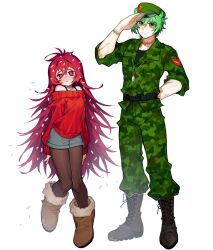 Rule 34 | 1boy, 1girl, animal ears, belt, beret, black belt, black footwear, black shirt, boots, brown footwear, camouflage, camouflage jacket, camouflage pants, dated, denim, denim shorts, dog tags, flaky (happy tree friends), flippy (happy tree friends), full body, fur boots, fur trim, green eyes, green hair, happy tree friends, hat, height difference, highres, jacket, long hair, looking at viewer, mary felizola, military, military uniform, pants, pantyhose, personification, red eyes, red hair, red sweater, salute, scar, scar on arm, shirt, shorts, signature, simple background, smile, standing, sweater, ugg boots, uniform, very long hair, white background
