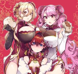 3girls :o :| aizono_manami ange_katrina baozi bare_shoulders blonde_hair blue_eyes blush breast_envy breast_rest breasts breasts_on_head brown_gloves bun_cover china_dress chinese_clothes cleavage cleavage_cutout closed_mouth clothing_cutout commentary_request dot_nose double_bun dress elbow_gloves feather_boa flat_chest floral_background flower food food_bite gloves hair_between_eyes hair_bun hair_flower hair_ornament hand_on_own_face hand_up holding holding_food huge_breasts light_blush long_bangs long_hair looking_at_viewer mandarin_collar mitsumine_(ookami_no_oyashiro) multiple_girls nijisanji nose_blush nui_sociere official_alternate_costume official_alternate_hairstyle open_mouth outline oversized_breast_cup panties parted_bangs pink_hair red_background red_dress red_flower red_hair see-through_cleavage see-through_clothes shanghai_neckline short_dress short_eyebrows side-tie_panties side_slit sleeveless sleeveless_dress sweatdrop teeth thick_eyebrows triangle_hair_ornament underwear upper_teeth_only very_long_hair virtual_youtuber white_dress white_gloves white_outline yellow_eyes yellow_flower