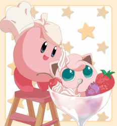 Rule 34 | aqua eyes, bad food, blue eyes, blueberry, chef hat, cherry, cook kirby, creature as food, creatures (company), cup, dessert, eating, food, food on head, fruit, game freak, gen 1 pokemon, hat, honcha, icing, in container, in cup, in food, jigglypuff, kirby, kirby (series), ladder, looking at another, looking down, looking up, nintendo, no humans, object on head, oversized object, parfait, pokefood, pokemon, pokemon (creature), raspberry, spoon, star (symbol), strawberry, super smash bros.