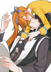 Rule 34 | 1boy, 1girl, ace attorney, athena cykes, black gloves, black hair, black jacket, blue ribbon, blush, closed eyes, gloves, hair ribbon, hetero, highres, holding, holding paper, jacket, jewelry, long hair, long sleeves, looking at another, multicolored hair, necklace, open mouth, orange hair, paper, partially fingerless gloves, ribbon, salted whale, side ponytail, simon blackquill, single glove, smile, teeth, two-tone hair, upper teeth only, white background, white hair, yellow jacket