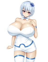 Rule 34 | 1girl, arm up, bare shoulders, blue flower, blue neckwear, blue ribbon, blue rose, breasts, brown eyes, choker, cleavage, collarbone, dress, fairy tail, female focus, flower, hair flower, hair ornament, highres, large breasts, looking at viewer, neck, ribbon, ribbon choker, rose, rough (riferio), short dress, short hair, silver hair, simple background, solo, standing, strapless, strapless dress, thighhighs, thighs, white background, white dress, yukino aguria