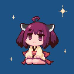 Rule 34 | 1girl, :&lt;, ahoge, animated, animated gif, back bow, blinking, blue background, blush stickers, bow, chibi, commentary, full body, hands on lap, japanese clothes, jitome, kimono, long sleeves, looking at viewer, obi, obijime, pixel art, purple eyes, purple hair, red bow, sash, seiza, short kimono, short twintails, simple background, sitting, solo, sparkle, temaki (temaki 3hz), touhoku kiritan, twintails, voiceroid, wide sleeves, yellow kimono