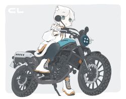 Rule 34 | 1girl, animal ear fluff, animal ears, aqua eyes, boots, border, cat ears, cat girl, cat tail, full body, grey background, grey pants, highres, honda, honda cl250, jacket, long sleeves, medium hair, motor vehicle, motorcycle, new amool, original, outside border, pants, pants tucked in, parted bangs, parted lips, riding, simple background, solo, tail, vehicle focus, white border, white footwear, white hair, white jacket