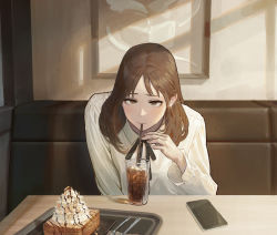 Rule 34 | 1girl, black neckwear, black ribbon, blouse, booth seating, brown eyes, brown hair, brown theme, chocolate syrup, collared shirt, cup, dessert, drinking, drinking glass, drinking straw, food, fork, glint, hand up, highres, indoors, knife, long hair, long sleeves, looking at viewer, original, phone, ribbon, shadow, shirt, sitting, solo, tray, white shirt, yyydddd0