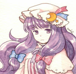 Rule 34 | 1girl, bow, capelet, crescent, hair bow, hat, long hair, patchouli knowledge, purple eyes, purple hair, socha, solo, star (symbol), touhou