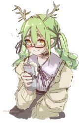 Rule 34 | 1girl, antlers, beer can, blush, brown skirt, can, ceres fauna, ceres fauna (jirai kei), choker, dot nose, drink can, drunk, glasses, green hair, green jacket, hair between eyes, highres, holding, holding can, hololive, hololive english, horns, jacket, long hair, looking at viewer, pink ribbon, pink shirt, red-framed eyewear, ribbon, semi-rimless eyewear, shirt, skirt, smile, solo, squeans, thick eyebrows, twintails, under-rim eyewear, virtual youtuber, white background, wwparasi, yellow eyes