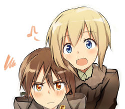 Rule 34 | 2girls, blonde hair, blue eyes, blush, brown hair, erica hartmann, face, gertrud barkhorn, looking at viewer, lowres, military, military uniform, multiple girls, musical note, open mouth, orange eyes, sandwich (artist), short hair, simple background, strike witches, tsuchii (ramakifrau), uniform, wavy mouth, world witches series