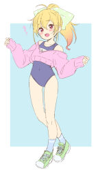 Rule 34 | 1girl, :d, bare shoulders, blonde hair, blue background, blue one-piece swimsuit, blue socks, blush, bow, collarbone, copyright request, covered navel, crop top, cropped sweater, full body, green bow, green footwear, hair between eyes, hair bow, hands up, jigatei (omijin), long sleeves, name tag, off-shoulder sweater, off shoulder, one-piece swimsuit, open mouth, pinching sleeves, pink sweater, polka dot, polka dot bow, red eyes, school swimsuit, shoes, sleeves past wrists, smile, socks, solo, sweater, swimsuit, swimsuit under clothes, teeth, translation request, two-tone background, upper teeth only, white background