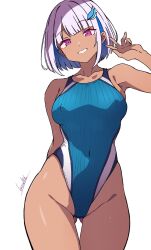 Rule 34 | 1girl, batta 16-sei, blue one-piece swimsuit, breasts, competition swimsuit, cowboy shot, dark-skinned female, dark skin, gluteal fold, grin, highleg, highleg swimsuit, highres, medium breasts, one-piece swimsuit, original, purple eyes, short hair, simple background, smile, solo, striped clothes, striped one-piece swimsuit, swimsuit, v, white background, white hair