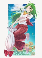 Rule 34 | 1girl, ahoge, ascot, blue sky, blush, breasts, closed mouth, commentary, earrings, flats, flower, full body, garden of the sun, green eyes, green hair, highres, jewelry, kazami yuuka, kazami yuuka (pc-98), long hair, looking at viewer, medium breasts, milll 77, outside border, pants, parasol, plaid, plaid pants, plaid vest, puffy pants, puffy short sleeves, puffy sleeves, red vest, shirt, short sleeves, sidelocks, sky, smile, solo, sunflower, touhou, umbrella, vest, white footwear, white shirt, yellow ascot