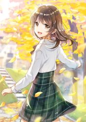 Rule 34 | 1girl, :d, autumn leaves, blurry, blurry background, blush, brown eyes, brown hair, collared shirt, commentary, day, depth of field, grass, green skirt, hair between eyes, high-waist skirt, highres, leaf, long hair, long sleeves, looking at viewer, looking back, mono lith, open mouth, original, outdoors, plaid, plaid skirt, revision, school uniform, shirt, skirt, smile, solo, stairs, standing, stone stairs, tree, white shirt