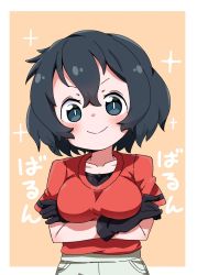 Rule 34 | 1girl, arms under breasts, bad id, bad twitter id, black eyes, black gloves, black hair, breasts, collarbone, gloves, hair between eyes, highres, kaban (kemono friends), kemono friends, large breasts, looking at viewer, nekonyan (inaba31415), red shirt, shirt, short hair, short sleeves, simple background, smile, smug, solo, sparkle, translated, upper body
