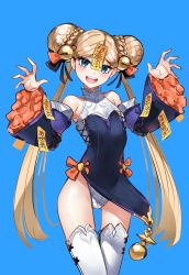 Rule 34 | 1girl, abigail williams (fate), absurdres, bare shoulders, bell, black bow, black dress, blonde hair, blue background, blue eyes, blush, bow, breasts, casul, china dress, chinese clothes, detached sleeves, double bun, dress, fate/grand order, fate (series), forehead, hair bow, hair bun, highres, jiangshi, jingle bell, long hair, looking at viewer, multiple bows, ofuda, open mouth, orange bow, parted bangs, pelvic curtain, small breasts, smile, solo, talisman, thighhighs, thighs, twintails, white thighhighs, wide sleeves