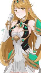 Rule 34 | 1girl, armor, blonde hair, breasts, cleavage, cleavage cutout, clothing cutout, dress, elbow gloves, gloves, highres, kgctcg, large breasts, long hair, looking at viewer, mythra (xenoblade), nintendo, shoulder armor, smile, solo, swept bangs, very long hair, white background, white dress, xenoblade chronicles (series), xenoblade chronicles 2, yellow eyes