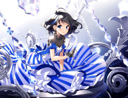 Rule 34 | 1girl, black gloves, black hair, blue dress, blue eyes, blush, breasts, chestnut mouth, commentary request, dress, gloves, hair between eyes, holding, nardack, original, short hair, solo, striped clothes, striped dress, swept bangs