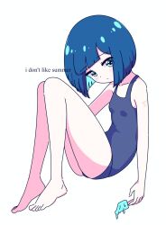 Rule 34 | 1girl, aqua eyes, aqua hair, bare shoulders, barefoot, blunt bangs, blush, bob cut, breasts, chibikki, collarbone, colored inner hair, commentary, covered navel, dot mouth, dot nose, english commentary, english text, food, head tilt, highres, holding, holding food, holding popsicle, ice cream, knees up, legs, looking at viewer, looking to the side, multicolored hair, nanako (chibikki), no halo, original, pixel art, popsicle, self-harm scar, shadow, short hair, shoulder blades, simple background, small breasts, solo, swimsuit, thighs, toes, two-tone hair, white background