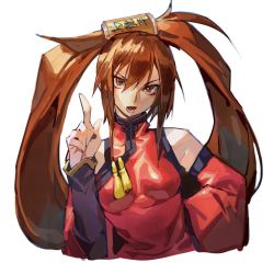 Rule 34 | 1girl, arc system works, bare shoulders, breasts, brown eyes, brown hair, chinese clothes, chinese text, detached sleeves, guilty gear, guilty gear x, guilty gear xx, hair between eyes, hand on own hip, highres, kuradoberi jam, long hair, looking at viewer, medium breasts, open mouth, pointing, pointing up, simple background, solo, uncle rabbit ii, upper body, very long hair, white background