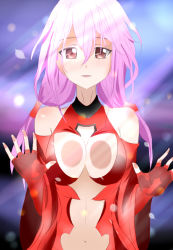 Rule 34 | 10s, 1girl, against glass, bare shoulders, blush, breast press, breasts, breasts on glass, center opening, cleavage, detached sleeves, elbow gloves, fingerless gloves, fourth wall, ggininder, gloves, guilty crown, hair ornament, hairclip, kuuru da kimi, long hair, looking at viewer, navel, pink hair, red eyes, solo, twintails, yuzuriha inori