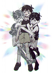 Rule 34 | 3boys, ^ ^, antenna hair, black footwear, black hair, black tank top, black thighhighs, black vest, blush, brown shorts, chromatic aberration, clinging, closed eyes, colored skin, commentary request, crack, dot nose, drooling, empty eyes, expressionless, full body, grey shorts, hand on another&#039;s waist, highres, holding, holding knife, jitome, kneehighs, knife, loafers, male focus, multiple boys, multiple persona, no shoes, official style, omori, omori (omori), open mouth, shirt, shoes, short hair, shorts, simple background, socks, standing, striped clothes, striped shorts, sunny (omori), sweatdrop, tank top, thighhighs, toastytoast, vest, white background, white eyes, white shirt, white skin, white socks
