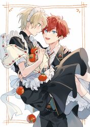 Rule 34 | 2boys, alternate costume, amagi hiiro, belt, black pants, blonde hair, blue eyes, blush, brown belt, carrying, collared shirt, commentary, earrings, ensemble stars!, fingernails, frills, green eyes, hand on another&#039;s shoulder, jewelry, lapels, maid headdress, male focus, multiple boys, open mouth, pants, princess carry, red hair, seuga, shiratori aira (ensemble stars!), shirt, short hair, short sleeves, socks, symbol-only commentary, tomato, white socks, yaoi